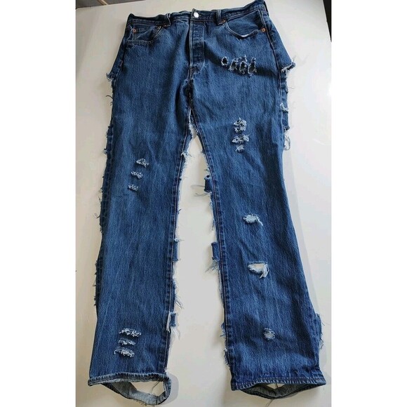 Denim Chaps LEVI 501 WOMEN Custom Cut Biker PUNK Jeans Distressed Custom 36x34 - Picture 1 of 14